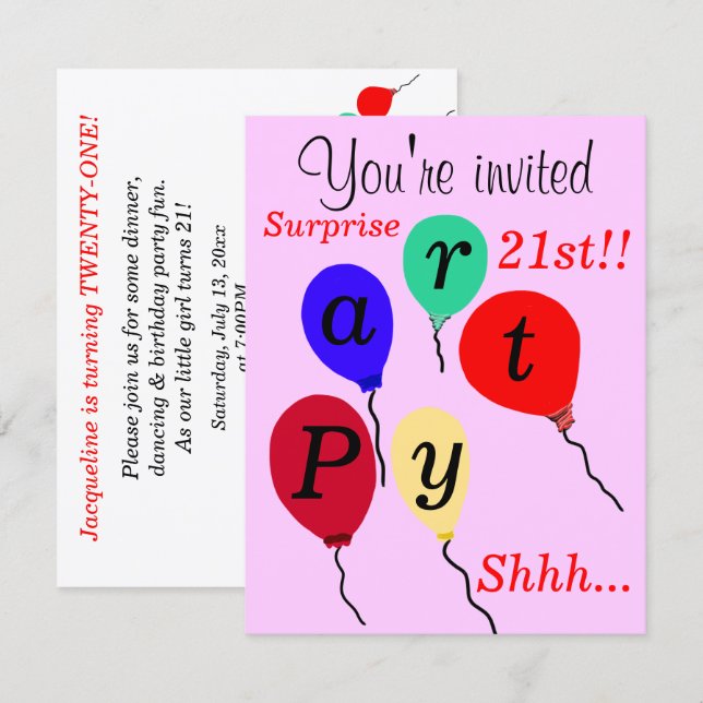 Surprise 21st Birthday Balloons Pink Invitation (Front/Back)