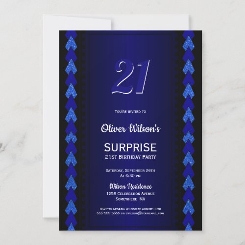Surprise 21st Birthday Black and Blue Party Invitation
