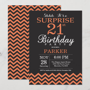 Surprise 21st Birthday Black and Coral Chevron Invitation