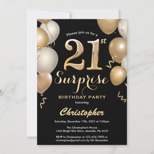 Surprise 21st Birthday Black and Gold Balloons Invitation