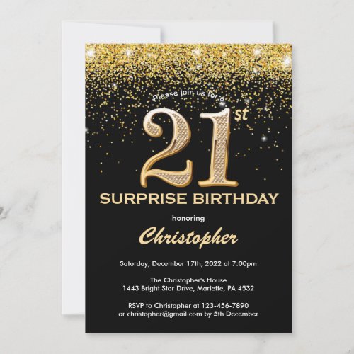 Surprise 21st Birthday Black and Gold Glitter Invitation