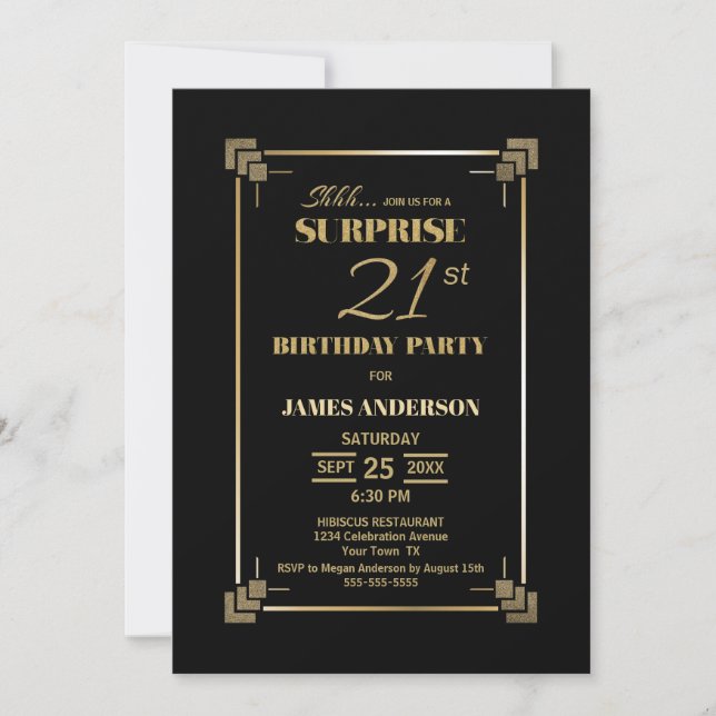 Surprise 21st Birthday Black and Gold Party Invitation (Front)