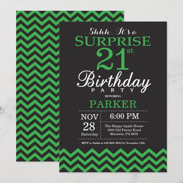 Surprise 21st Birthday Black and Green Chevron Invitation (Front/Back)