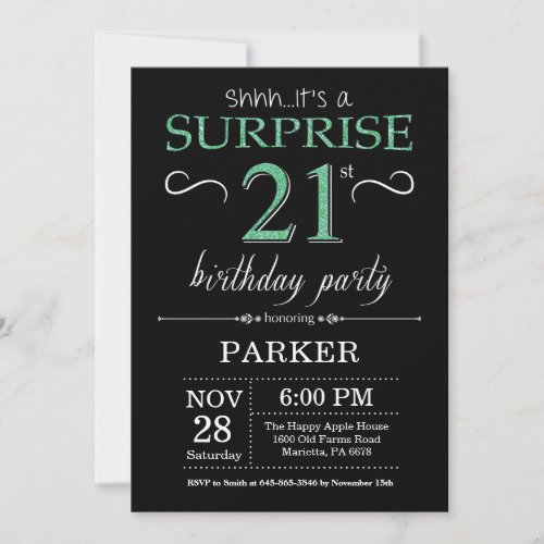 Surprise 21st Birthday Black and Green Glitter Invitation
