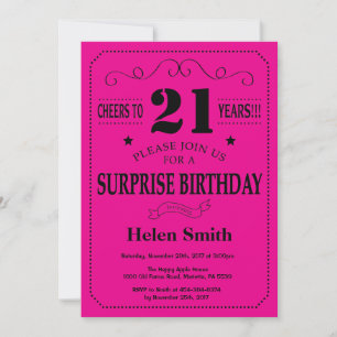 Surprise 21st Birthday Black and Hot Pink Invitation
