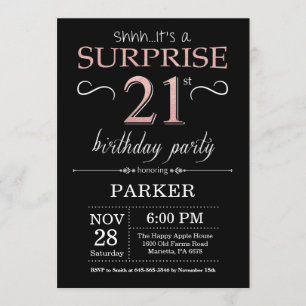 Surprise 21st Birthday Black and Rose Pink Gold Invitation