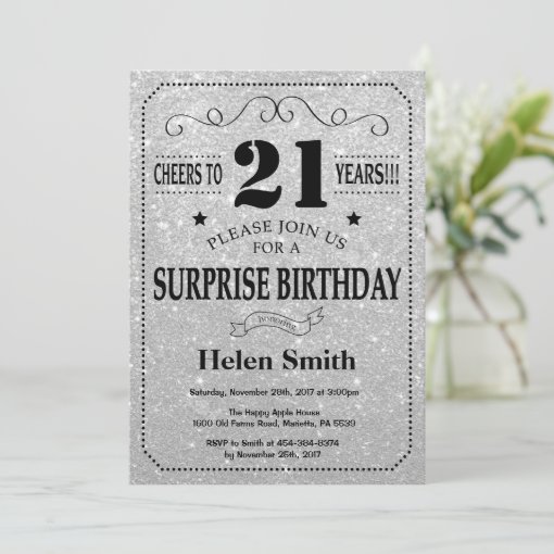 Surprise 21st Birthday Black and Silver Glitter Invitation | Zazzle