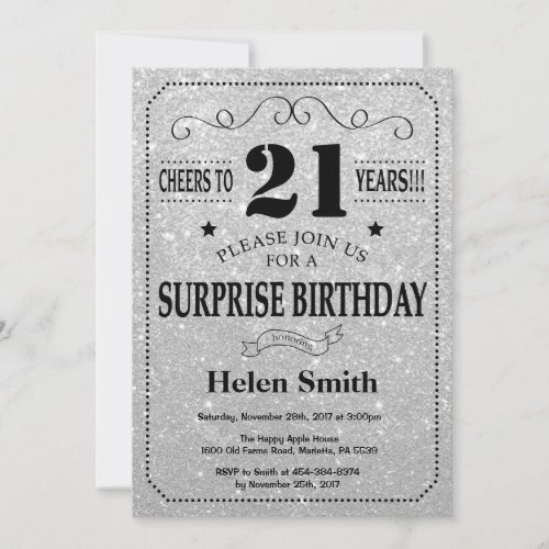 Surprise 21st Birthday Black and Silver Glitter Invitation