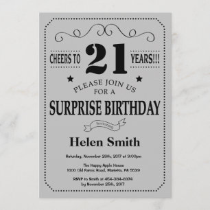 Surprise 21st Birthday Black and Silver Gray Invitation