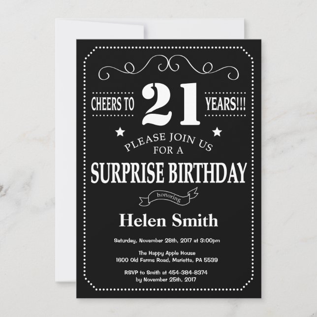 Surprise 21st Birthday Black and White Chalkboard Invitation (Front)