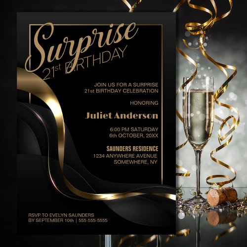 Surprise 21st Birthday Black Gold Party Invitation