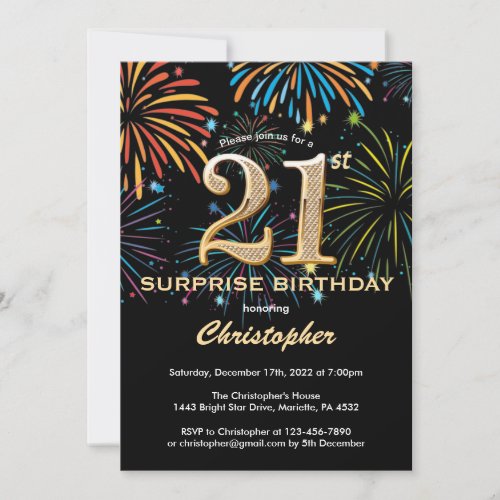 Surprise 21st Birthday Black Gold Rainbow Firework Invitation