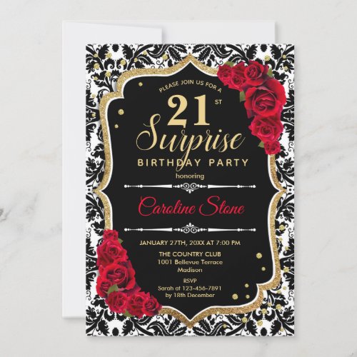 Surprise 21st Birthday _ Black Gold Red Invitation