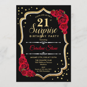 Surprise 21st Birthday - Black Gold Red Invitation