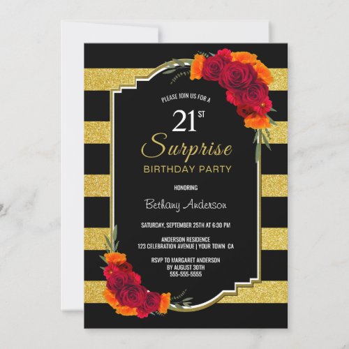 Surprise 21st Birthday Black Gold Striped Floral Invitation