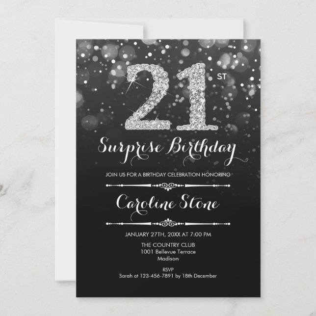 Surprise 21st Birthday - Black Silver Invitation (Front)