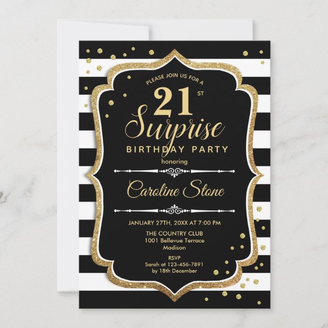 Surprise 21st Birthday - Black White Gold Invitation (Front)