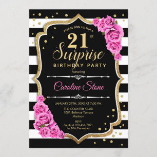 Surprise 21st Birthday - Black White Pink Invitation