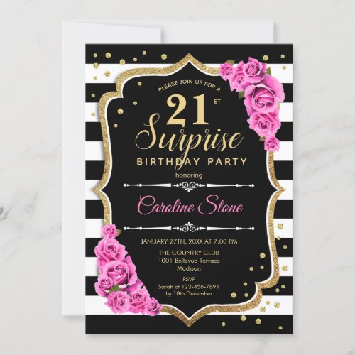 Surprise 21st Birthday _ Black White Pink Invitation