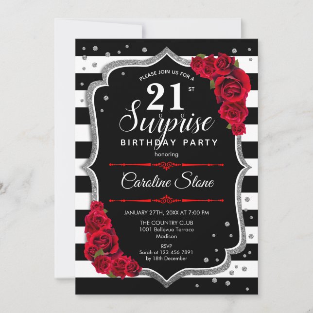 Surprise 21st Birthday - Black White Red Invitation (Front)