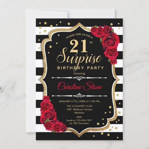Surprise 21st Birthday _ Black White Red Invitation
