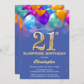 Surprise 21st Birthday Blue and Gold Balloons Invitation | Zazzle