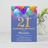 Surprise 21st Birthday Blue and Gold Balloons Invitation | Zazzle