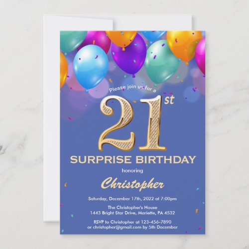 Surprise 21st Birthday Blue and Gold Balloons Invitation