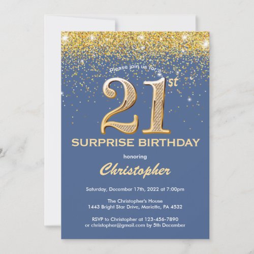 Surprise 21st Birthday Blue and Gold Glitter Invitation