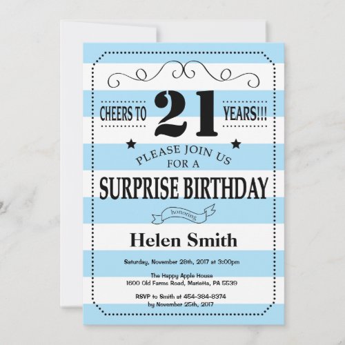 Surprise 21st Birthday Blue and White Stripes Invitation