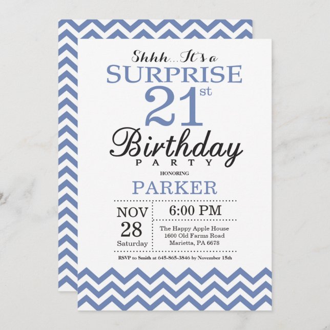 Surprise 21st Birthday Blue Chevron Invitation (Front/Back)