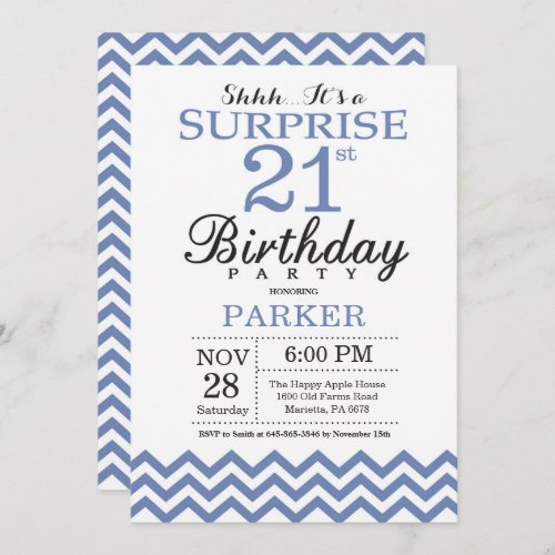 Surprise 21st Birthday Blue Chevron Invitation