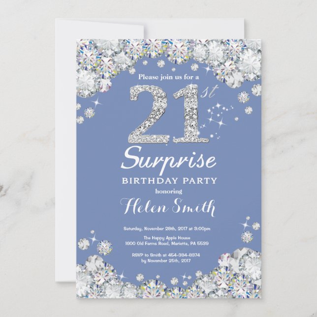 Surprise 21st Birthday Blue Silver Diamond Invitation (Front)