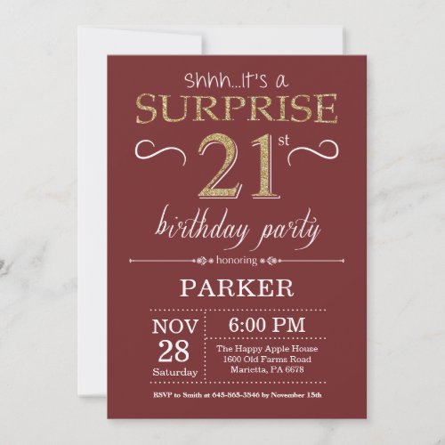 Surprise 21st Birthday Burgundy and Gold Glitter Invitation