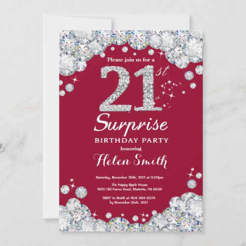 Surprise 21st Birthday Burgundy Red Silver Diamond Invitation