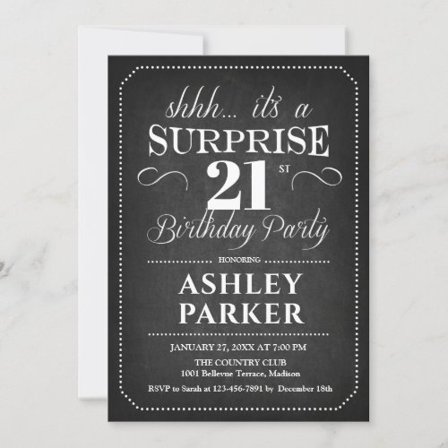 Surprise 21st Birthday _ Chalkboard Black White Invitation