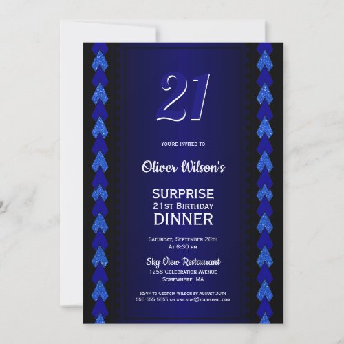 Surprise 21st Birthday Dinner Black and Blue Party Invitation