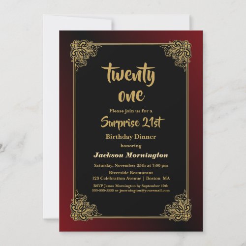 Surprise 21st Birthday Dinner Black Red Gold Invitation