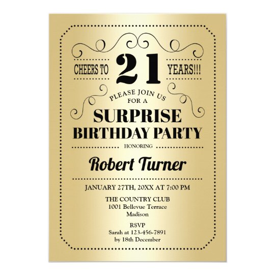 Surprise 21st Birthday - Gold Black Invitation | Zazzle.com