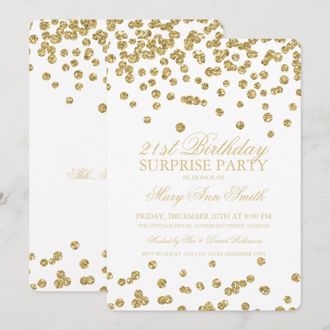Surprise 21st Birthday Gold Glitter Confetti Invitation (Front/Back)