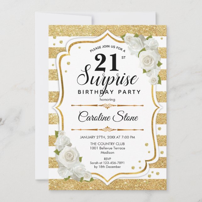 Surprise 21st Birthday - Gold White Invitation (Front)