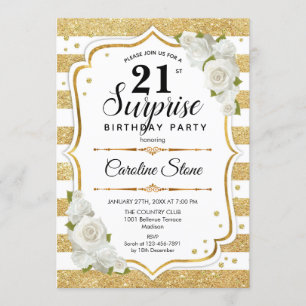 Surprise 21st Birthday - Gold White Invitation