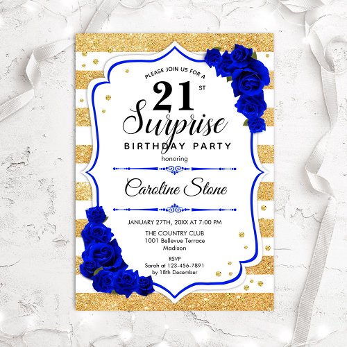 Surprise 21st Birthday _ Gold White Royal Blue Invitation