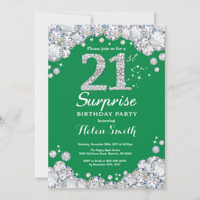 Surprise 21st Birthday Green and Silver Diamond Invitation (Front)
