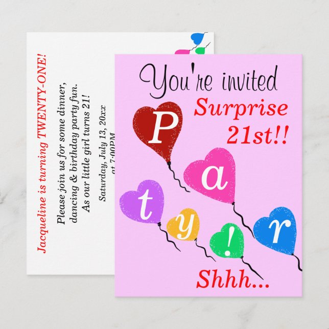 Surprise 21st Birthday Heart Balloons Invitations (Front/Back)