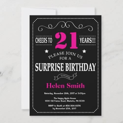 Surprise 21st Birthday Hot Pink and Black Invitation