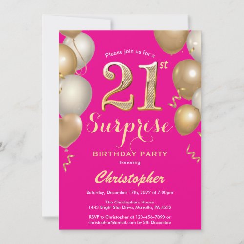 Surprise 21st Birthday Hot Pink and Gold Balloons Invitation