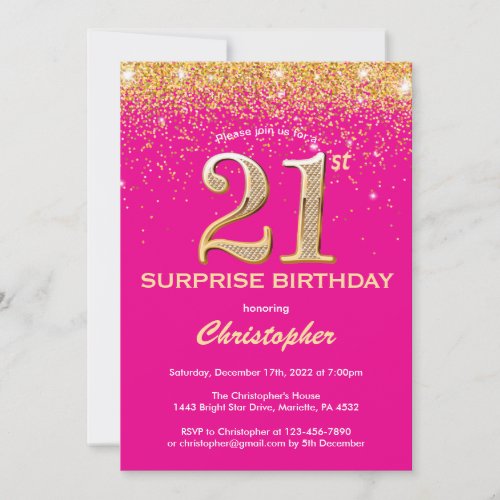 Surprise 21st Birthday Hot Pink and Gold Glitter Invitation
