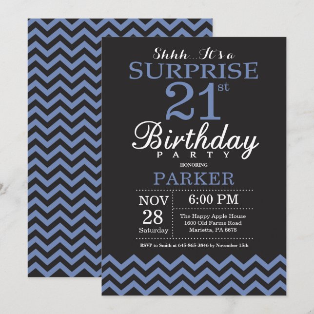 Surprise 21st Birthday Invitation Black and Blue (Front/Back)