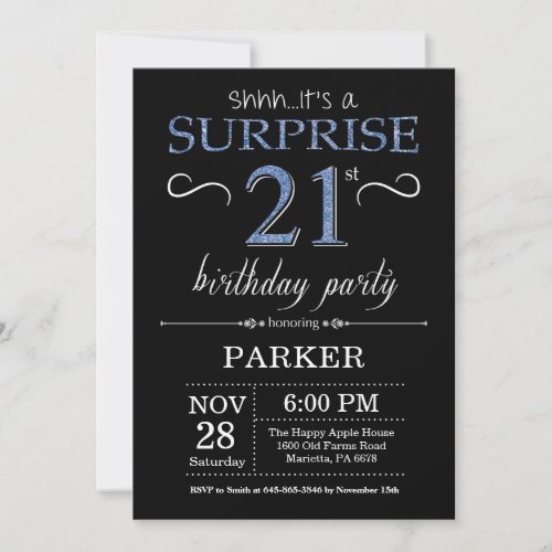 Surprise 21st Birthday Invitation Black and Blue